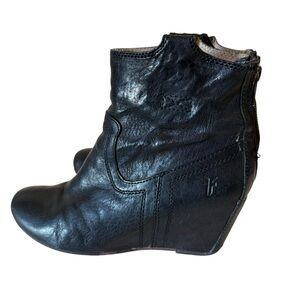 Women's Black Leather Wedge Ankle Boots